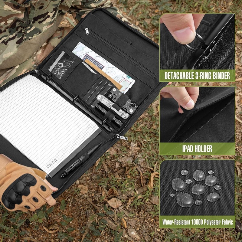 ‎KOSIBATE Tactical Padfolio Portfolio Binder with Zipper and 25 Sheets of Letter Size Paper,Notebook Cover,Tactical Notebook with Zippered for Folders,Detachable 3-Ring Binder(A4,Black,13.5X 11.5Inch - Image 5